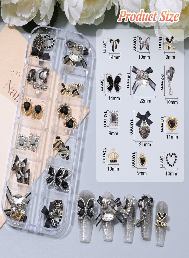 editTime 5 Boxes Black 3D Nail Charms Set, 24Pcs Y2k Alloy Nail Art Rhinestone Charms 3D Bow Flower Crown Heart Star with Tweezers and Dual-end Brush for Manicure Salon DIY Crafts,Face Makeup Gems Jewels - Image 4